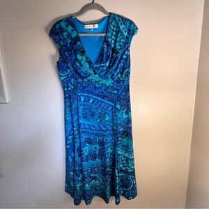 Evan Picone Teal and Blue Midi Dress with Gorgeous Pattern